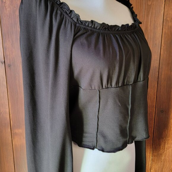 Black Off-Shoulder Crop Top Women L Ruffle Neck Balloon Sleeve Y2K 90s Vintage - Picture 12 of 13
